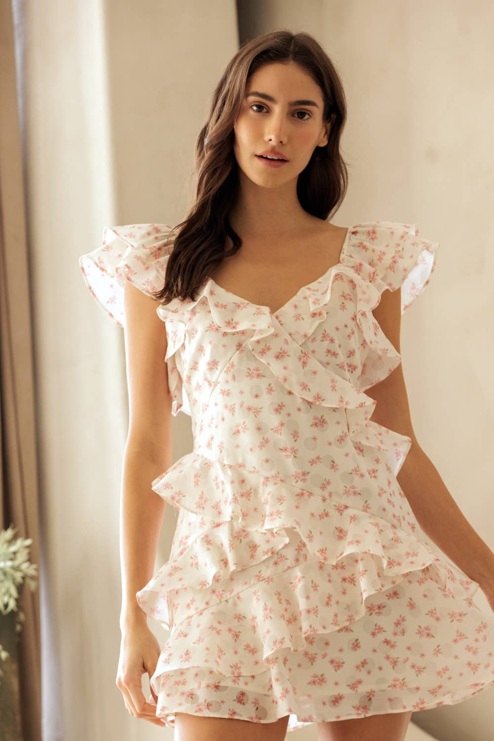JD9263-2 - FLORAL RUFFLE MINI DRESS: IVORY /PINK FLORAL / M