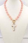 Pink Acrylic Beaded 18" Toggle Necklace with Gold Cross Charm
