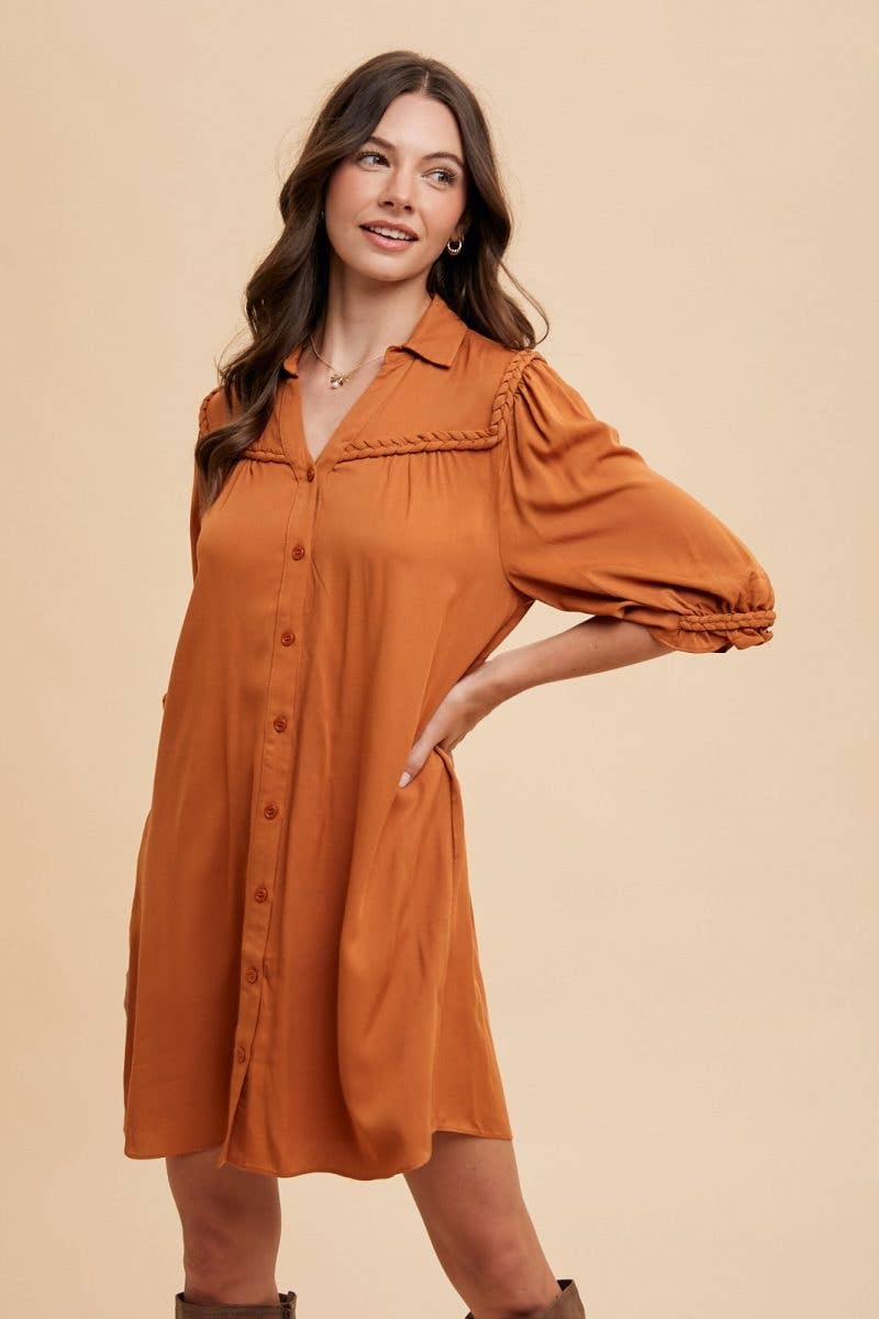 Braided Trim Detail Shirt Mini Dress: PUMPKIN / 2-2-2-2(S-M-L-XL)