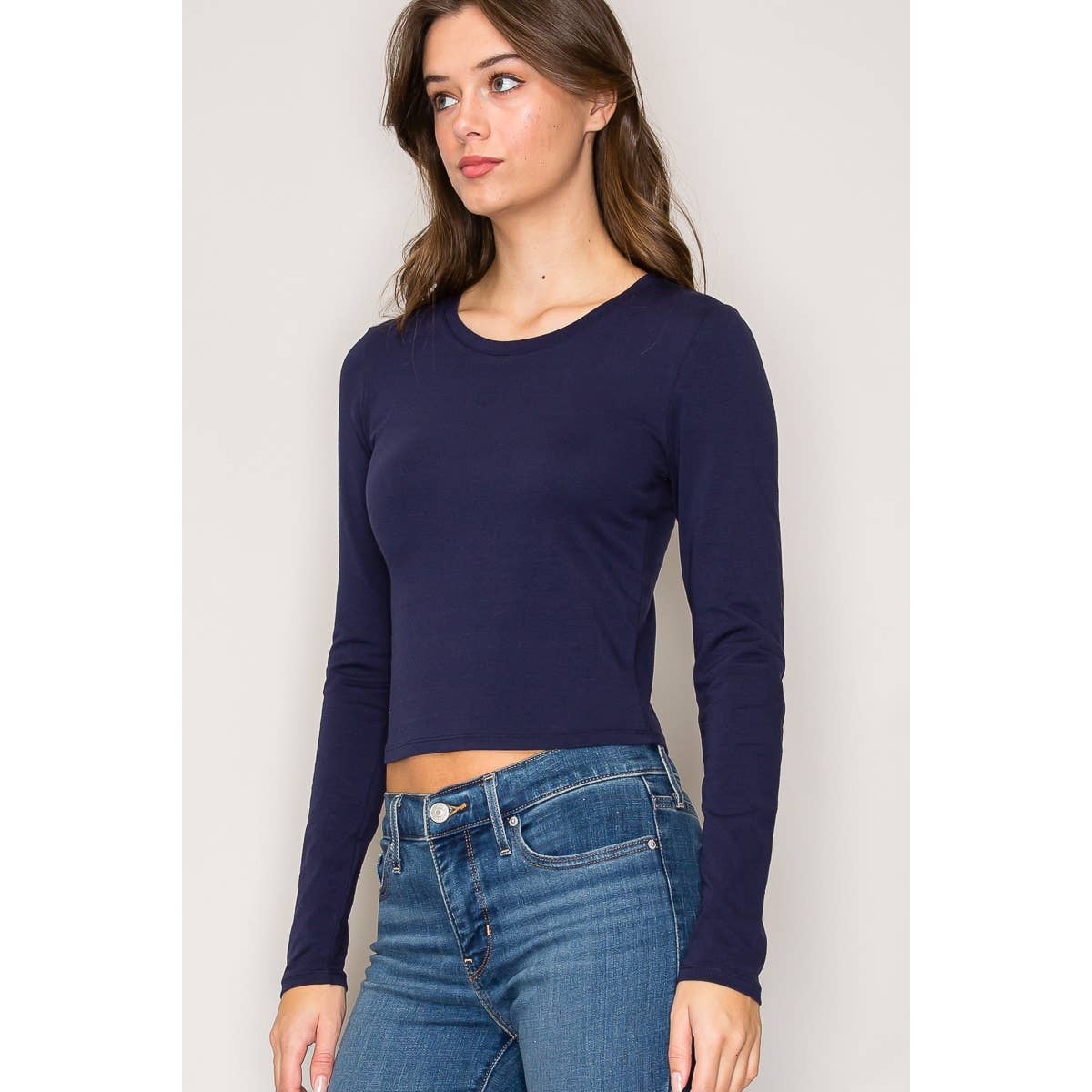 Crew Neck Long Sleeve Crop Top: Black / S-M-L(2-2-2)