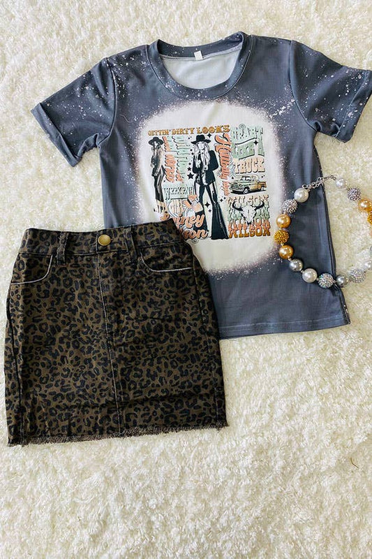 DLH2553 Leopard printed denim fabric girls skirts w/pocket: XL-5/6