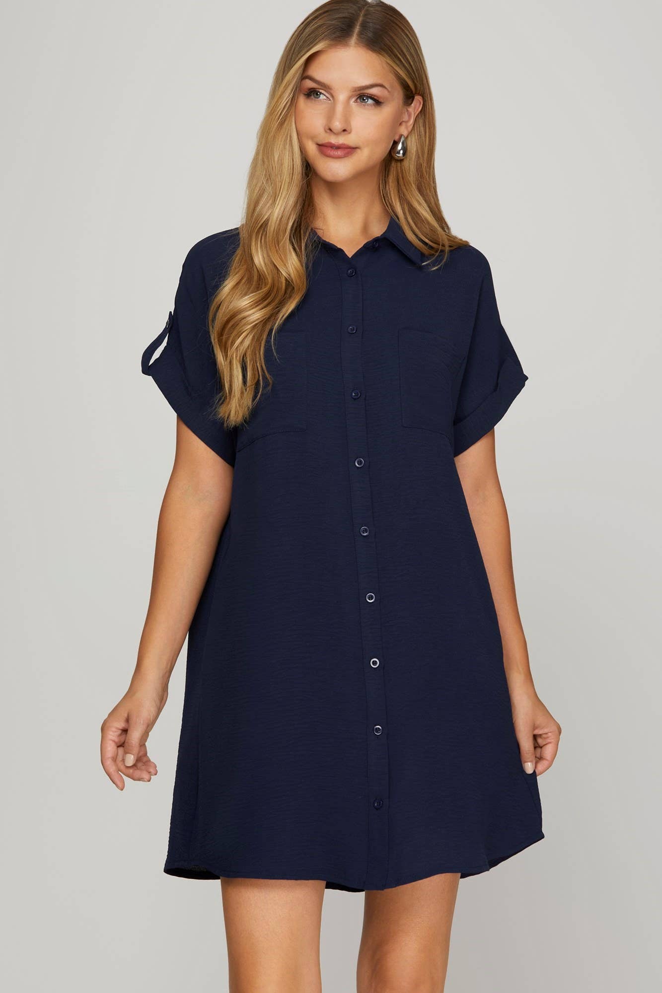Drop Shoulder Button up Woven Shirt Dress: GREEN / 2-2-2 (S-M-L)
