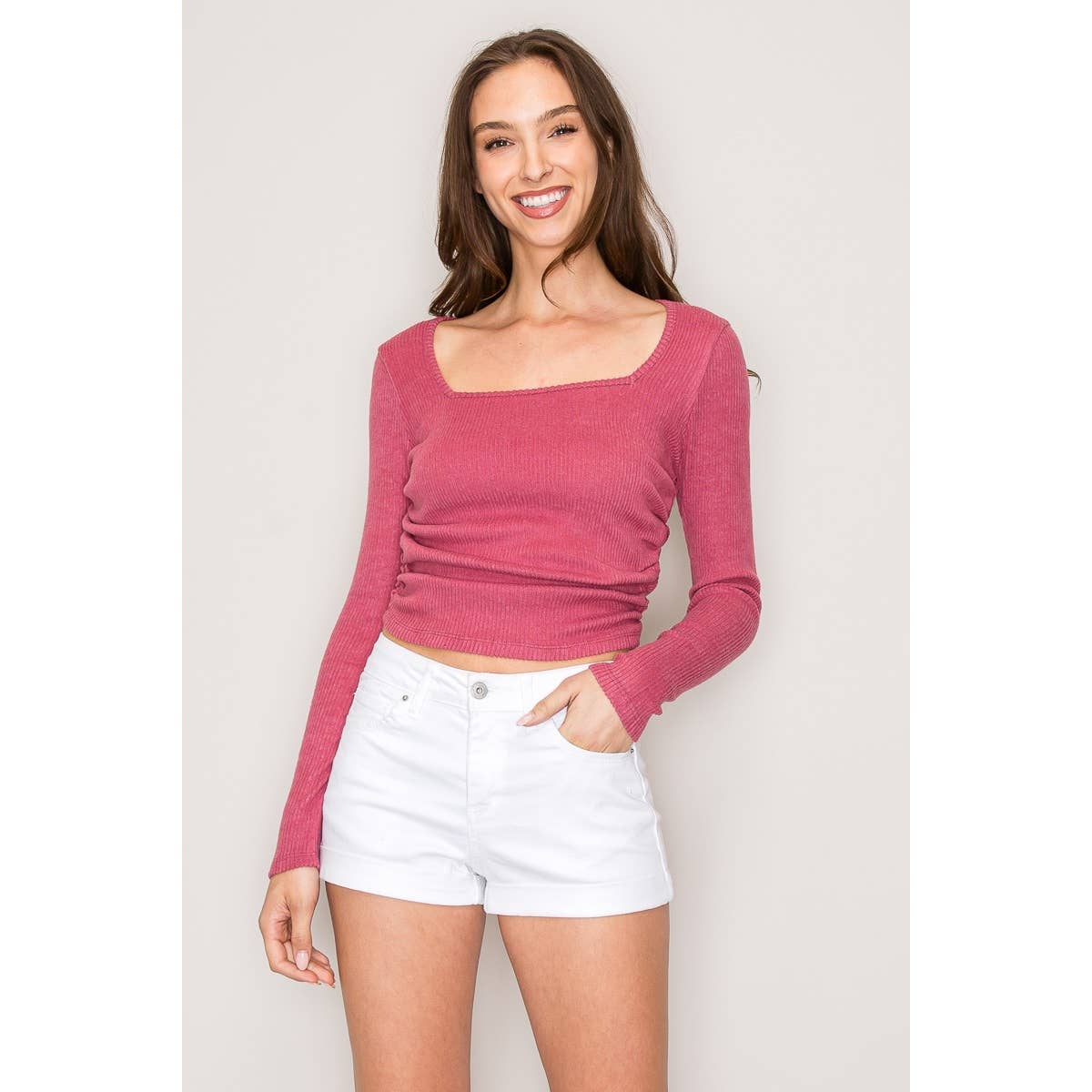 Square Neck Long Sleeve Shirring Sweater Knit Top: Mauve / S-M-L(2-2-2)