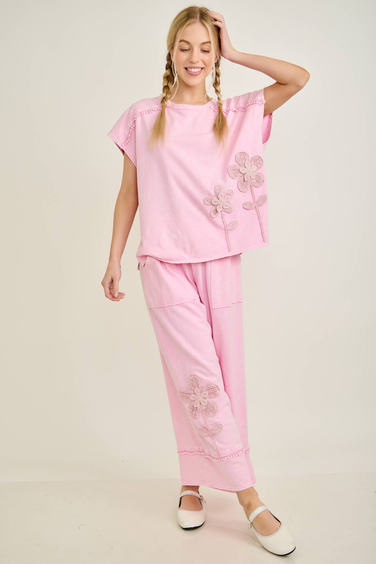 Mineral Washed Flower Garden Sleeveless blouse top HT7012: Papaya / S-M-L / 2-2-2