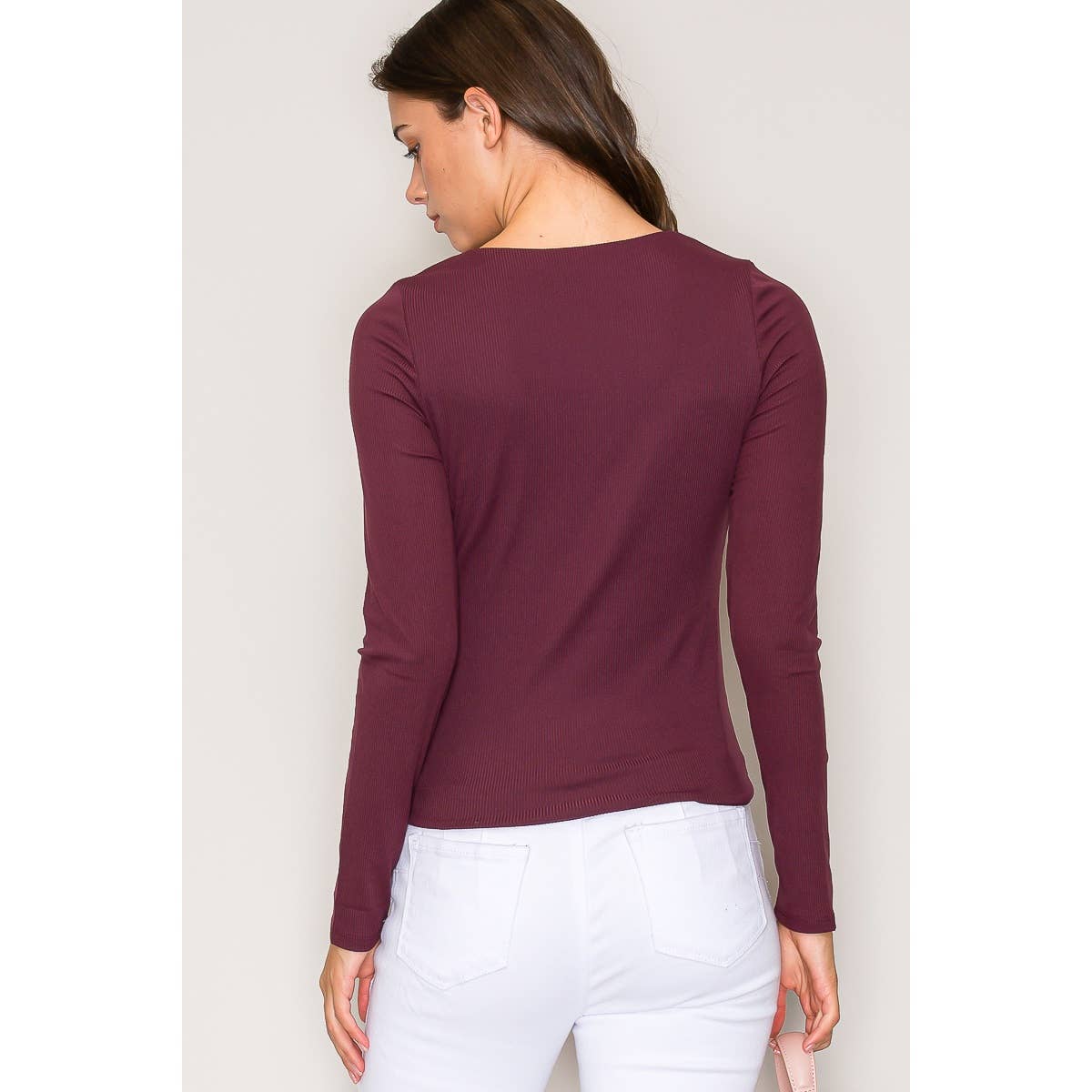 Double Layer Crew Neck Long Sleeve Rib Knit Top: Wine / S-M-L(2-2-2)