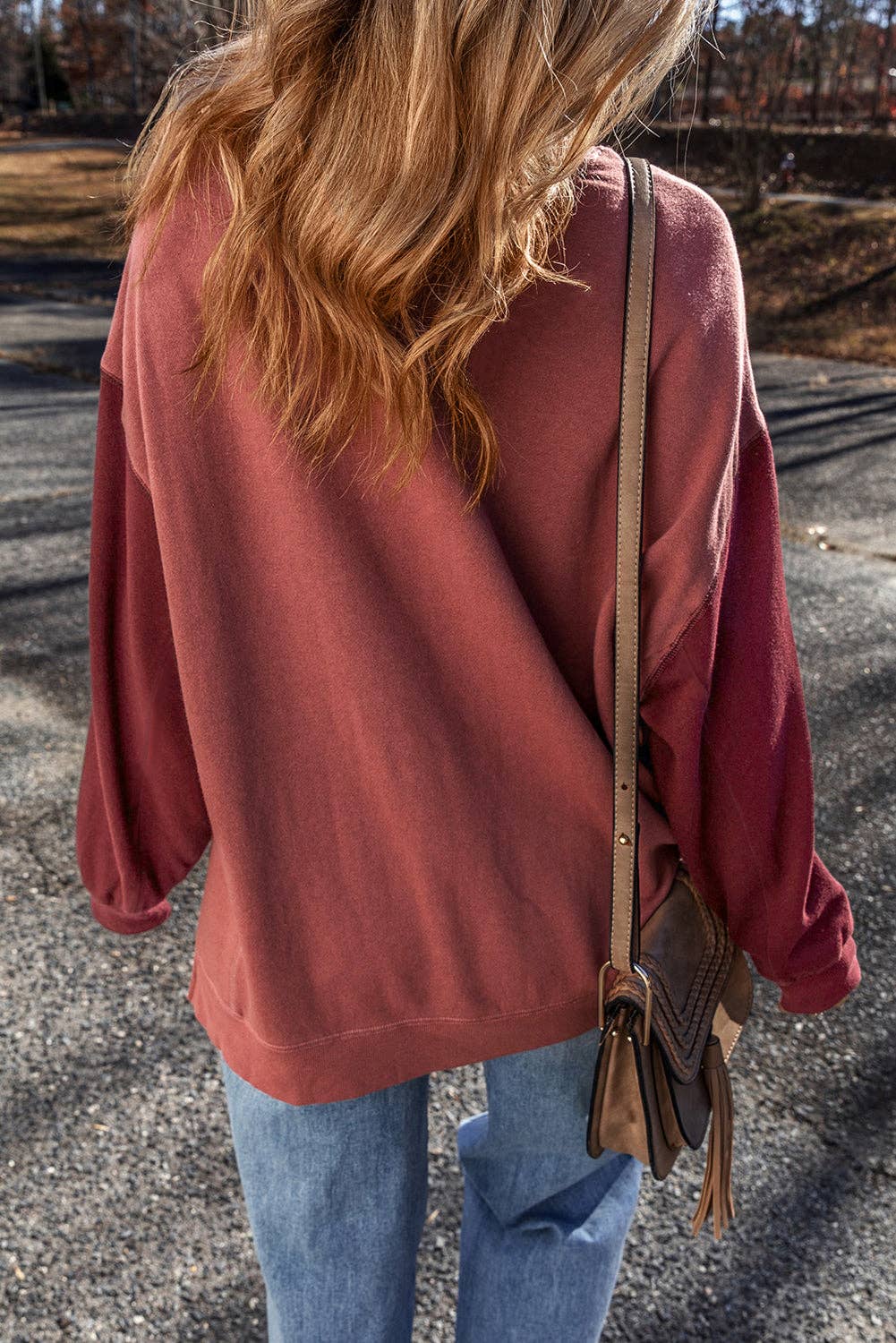 Two Tone Patchwork Drop Shoulder Pullover Sweatshirt: Mineral Red / 50%Polyester+50%Cotton / L