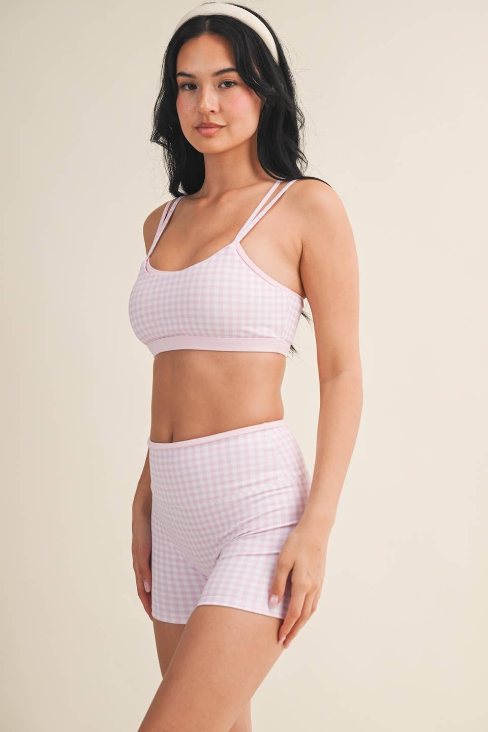 Gingham Print Double Layered Sports Bra: Red Gingham / M