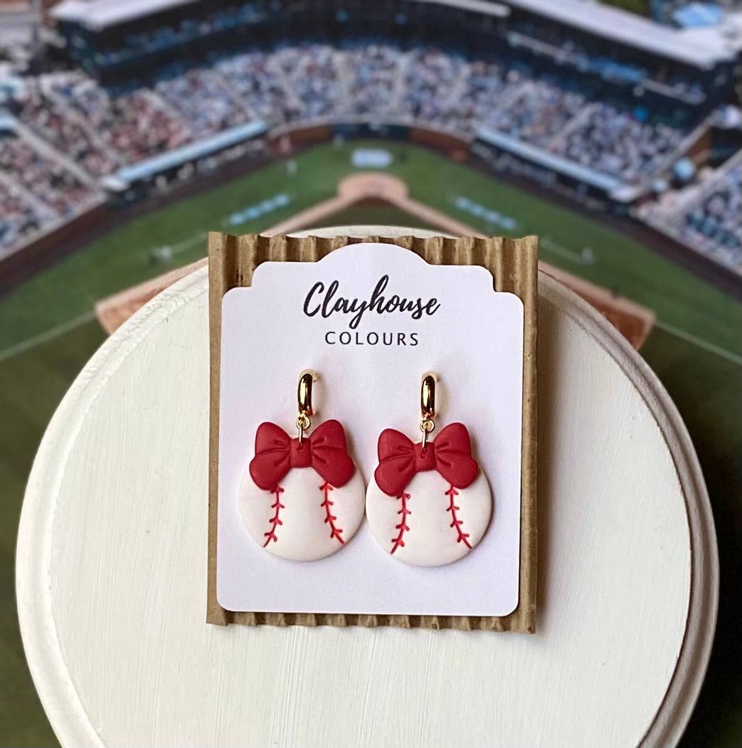 Baseball with Bow Earrings : Red