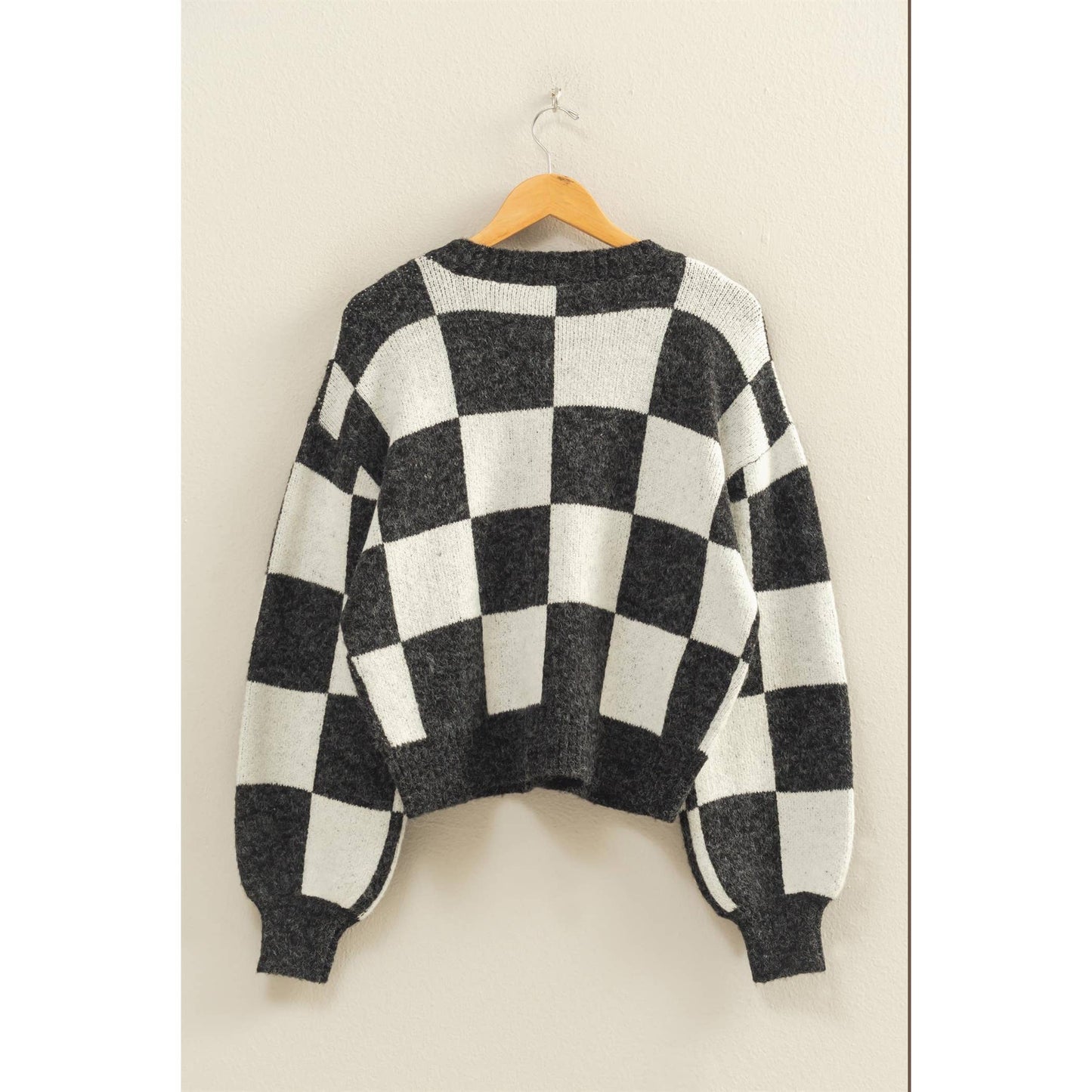 Checkered Button Front Cardigan Sweater: EMERALD/CREAM / S-M-L(2-2-2)