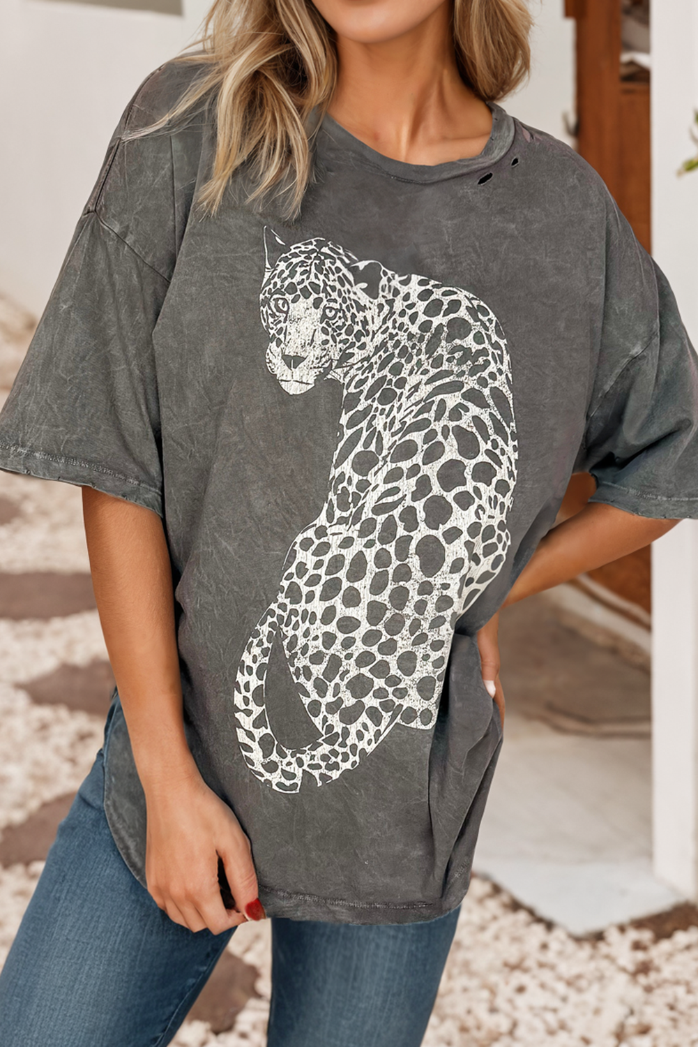 LDC Vintage Cheetah Printed Mineral Wash Graphic Tee: Medium Grey / S