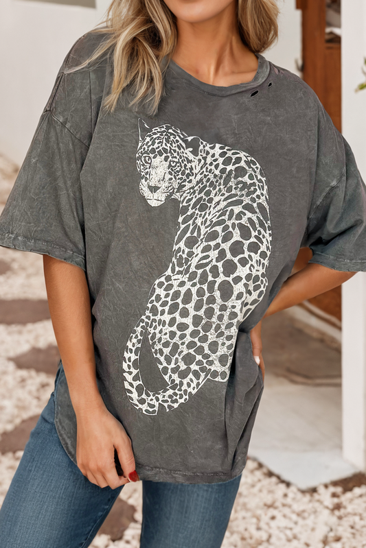 LDC Vintage Cheetah Printed Mineral Wash Graphic Tee: Medium Grey / XL