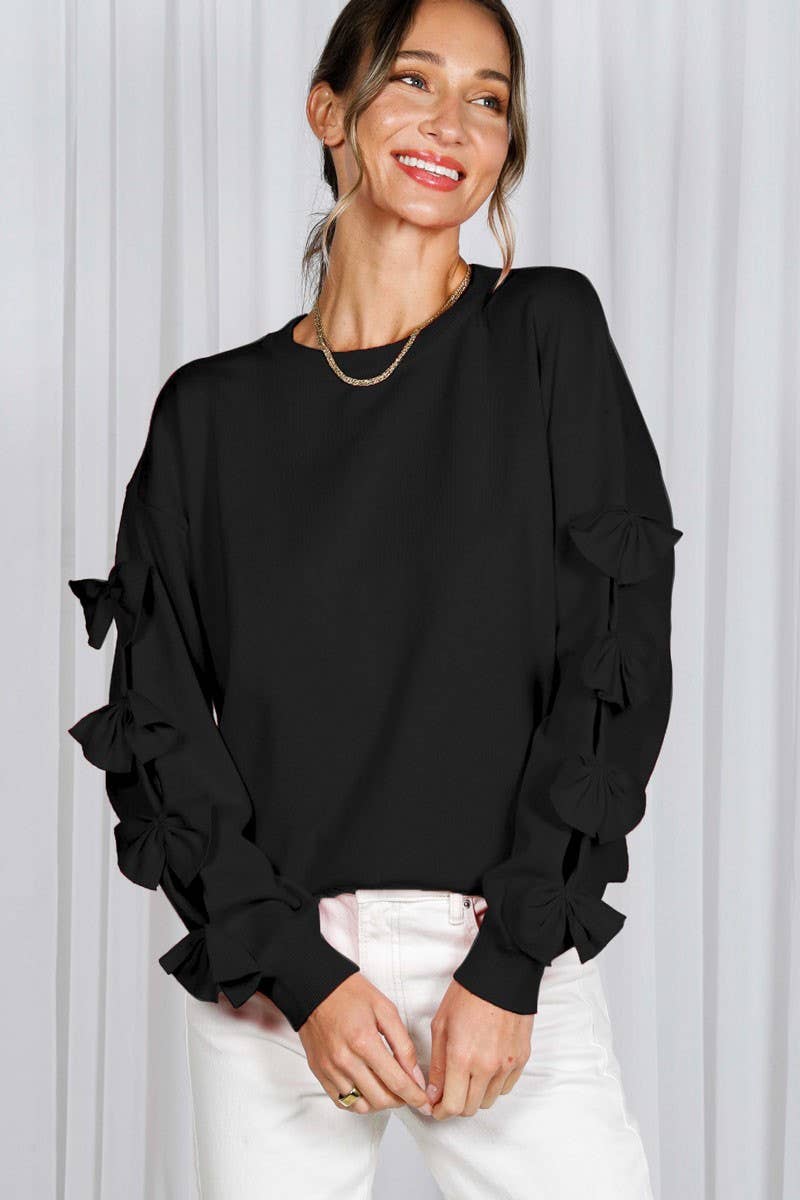 Bow Embellished Long-Sleeve Crew Neck Knit Sweater VT82605: Black / M