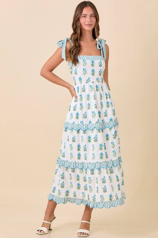 Shoulder Strap Tie Midi Dress With Floral Printed: WHITE/BLUE / L