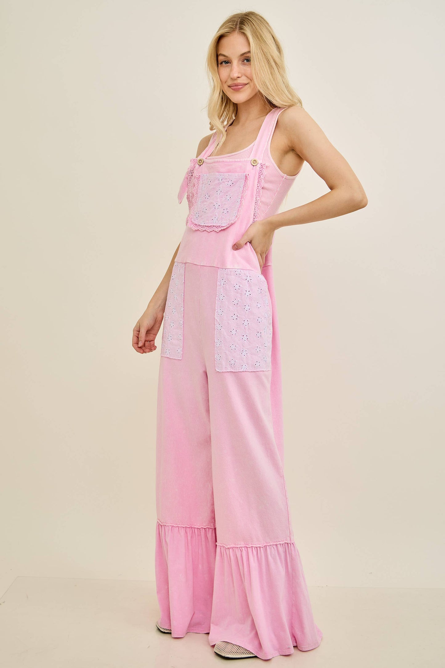 Mineral Washed Tea Party Ruffle Jumpsuits HJ7065: CottonCandy / S-M-L / 2-2-2