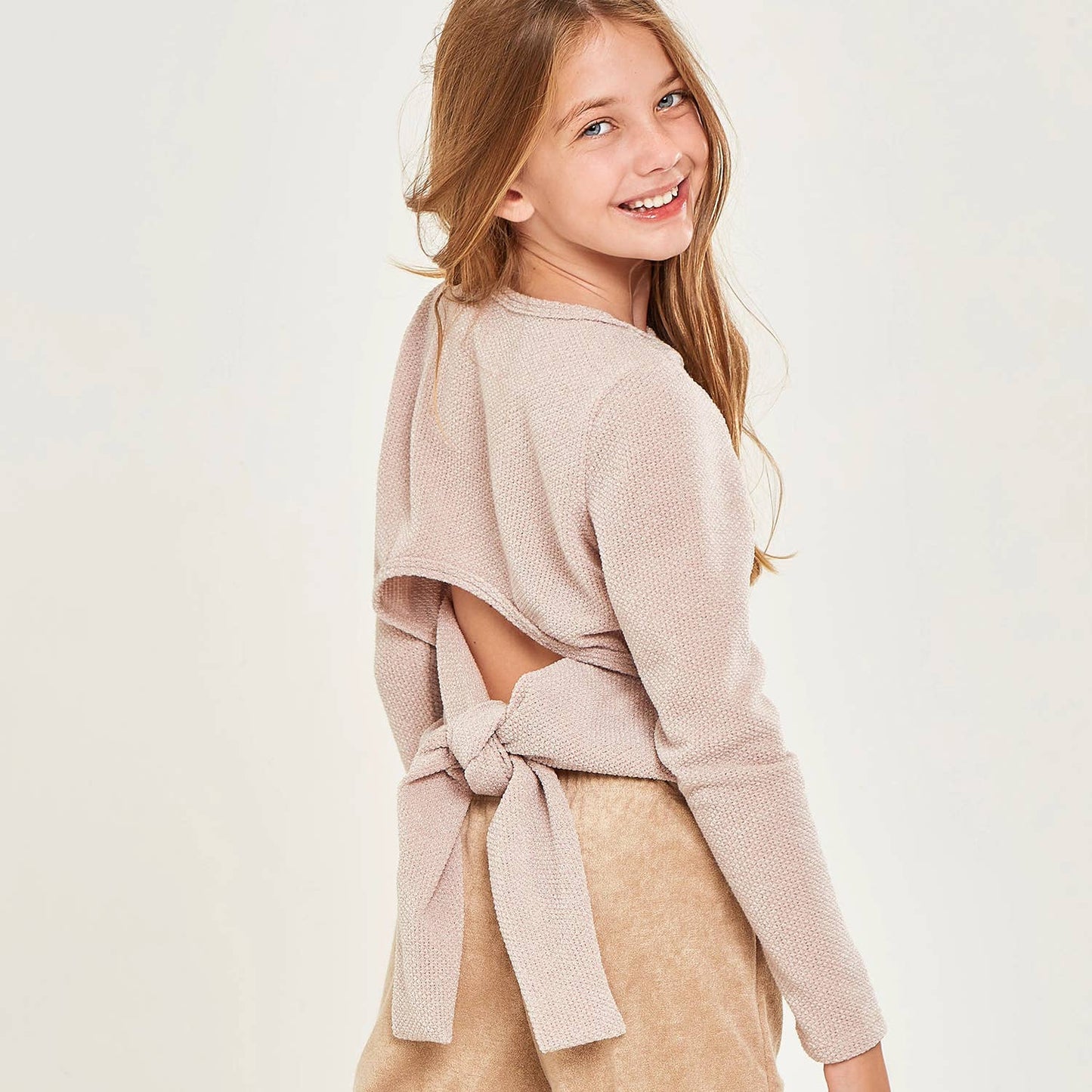Self-Tie Open Back Chunky Knit Sweater: MAUVE / L