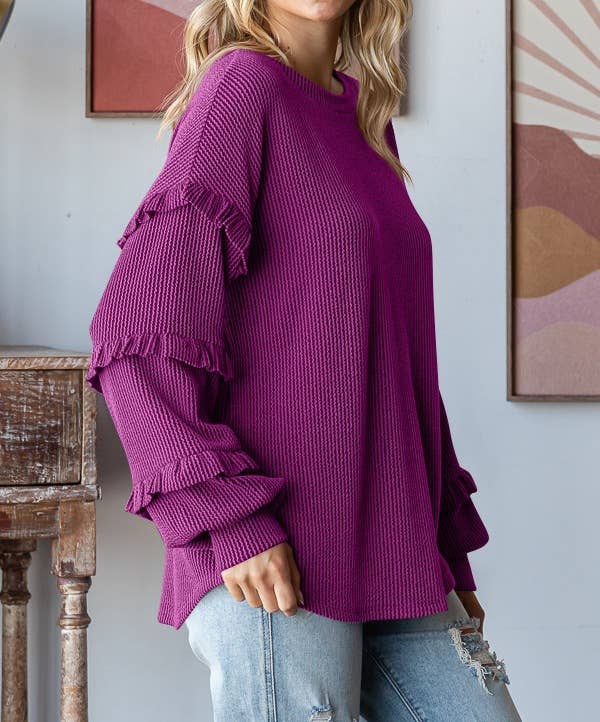 Balloon Sleeve Ruffle Sleeve Pullover Top: Green / XL