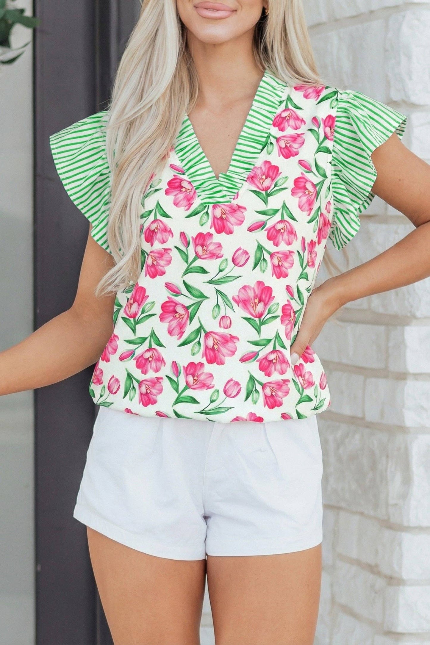 Multicolour Sweet Floral Print Striped Ruffle Trim V Neck Blouse: Multicolour / 100%Polyester / S