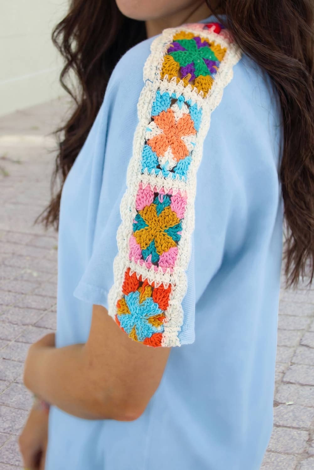 Granny Square Crochet Detail Short 2pcs Set: Mist Blue / XL