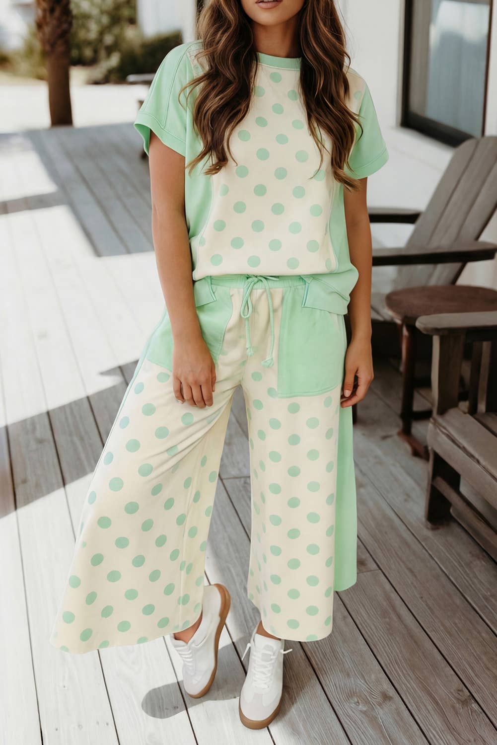 66 Polka Dot Top and High Waist Shorts 2pcs Set (S-XL): Sky Blue / L