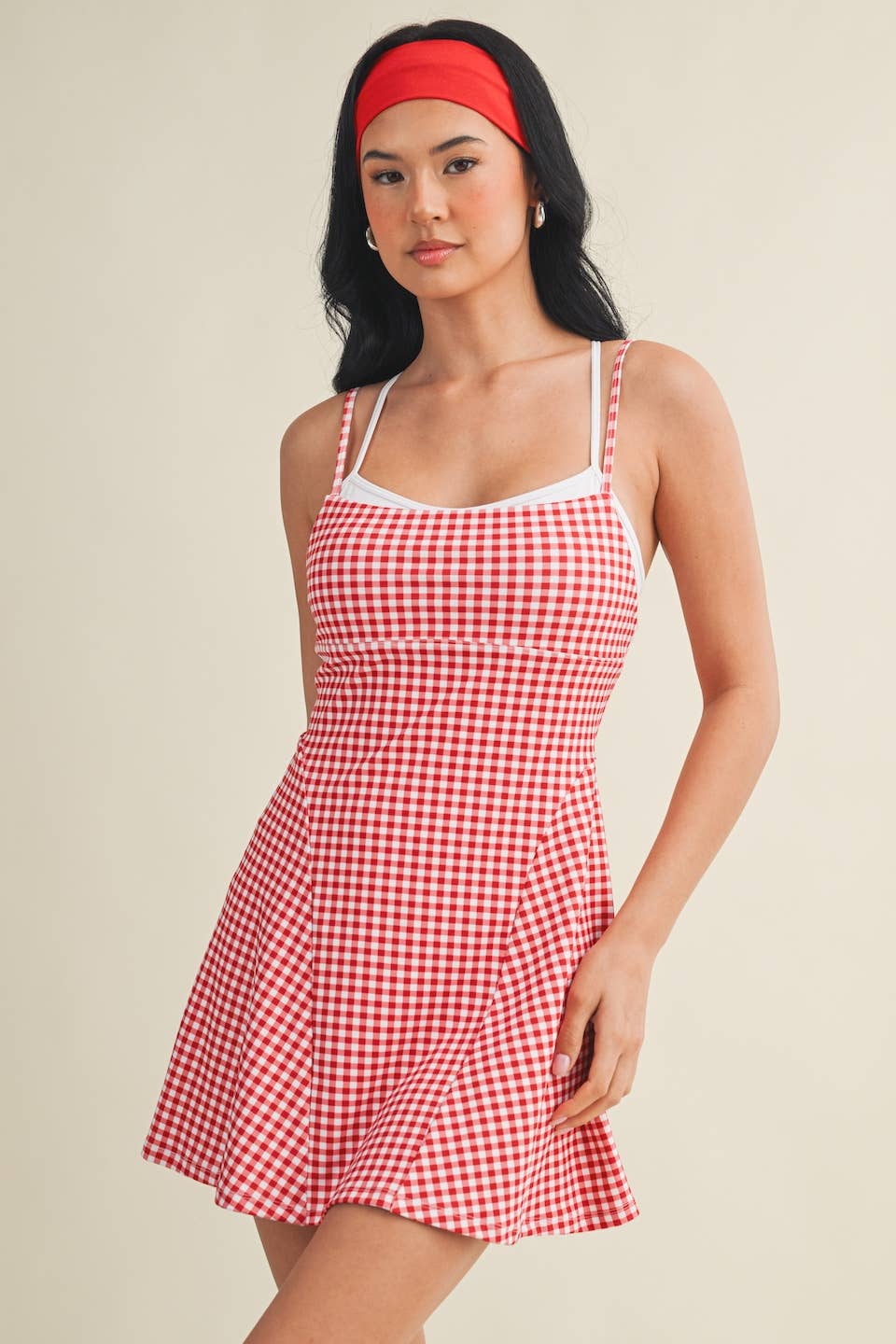 Gingham Print Double Layered Dress: Blue Gingham / M