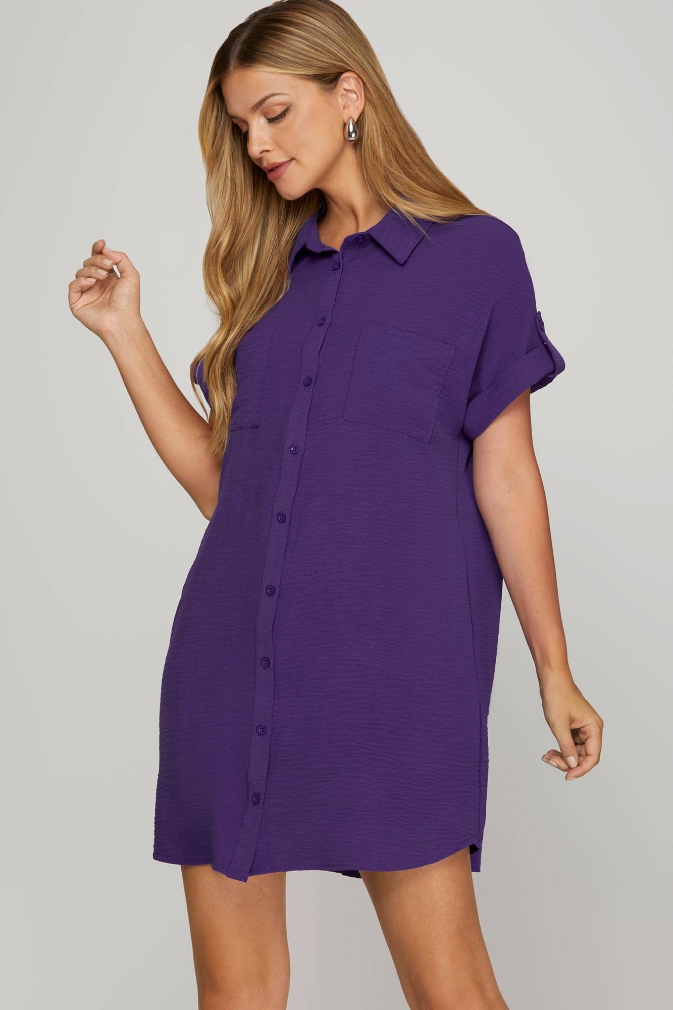 Drop Shoulder Button up Woven Shirt Dress: RED / 2-2-2 (S-M-L)
