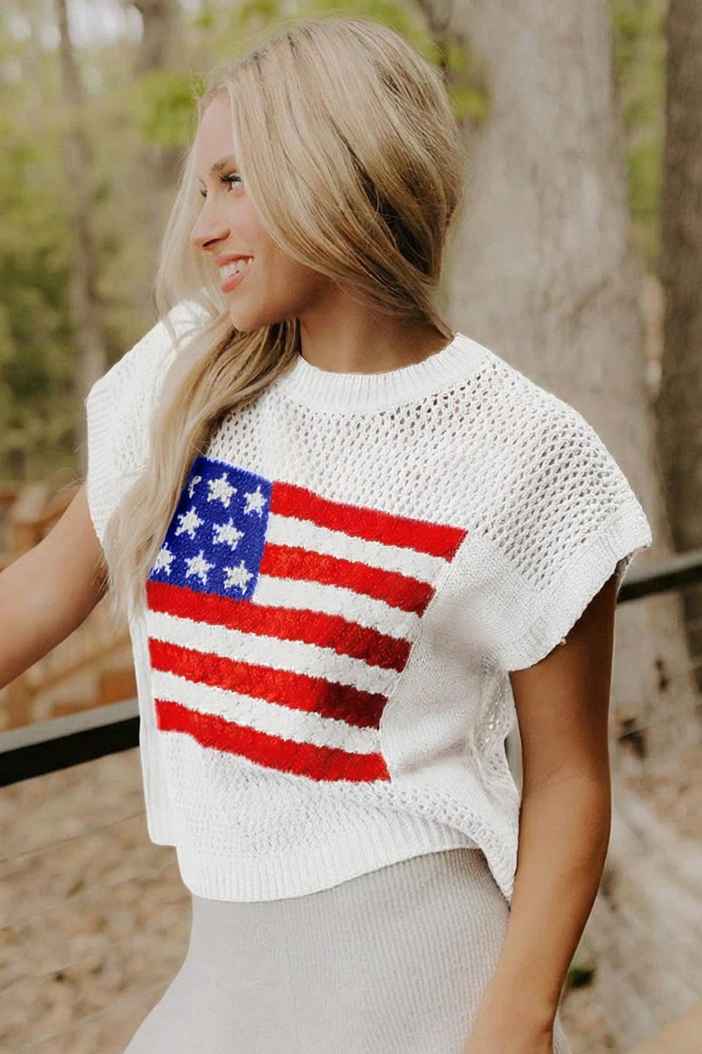 Blue American Flag Knit Short Sleeve Sweater Top: Sky Blue / 100%Acrylic / S