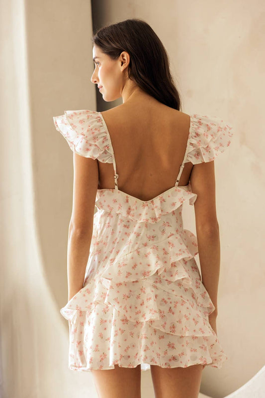 JD9263-2 - FLORAL RUFFLE MINI DRESS: IVORY /PINK FLORAL / L