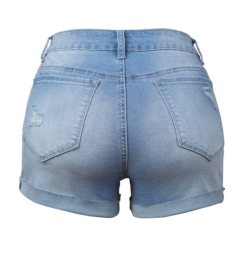 Stretch Button Denim Short: Blue / L