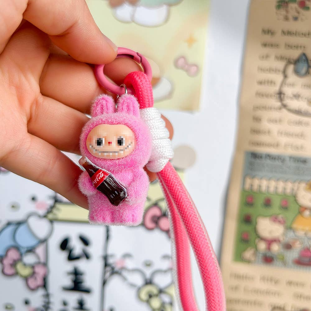 Get Cola in my hands Fluffy Labubu bag charm rope keychain: Purple