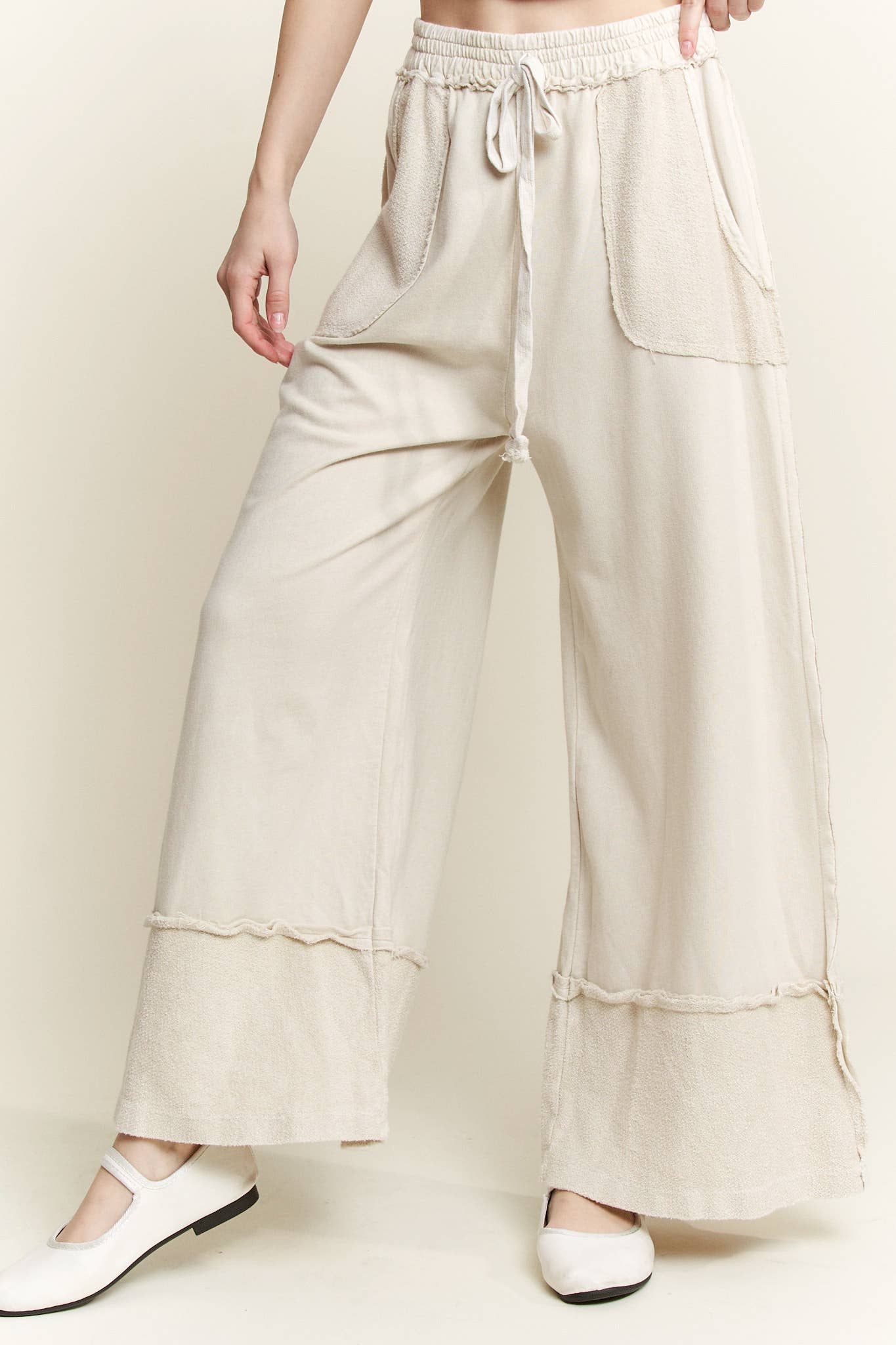 MineralWash Wide Pants with raw hem frayed details HP5536..: Latte / S-M-L / 2-2-2