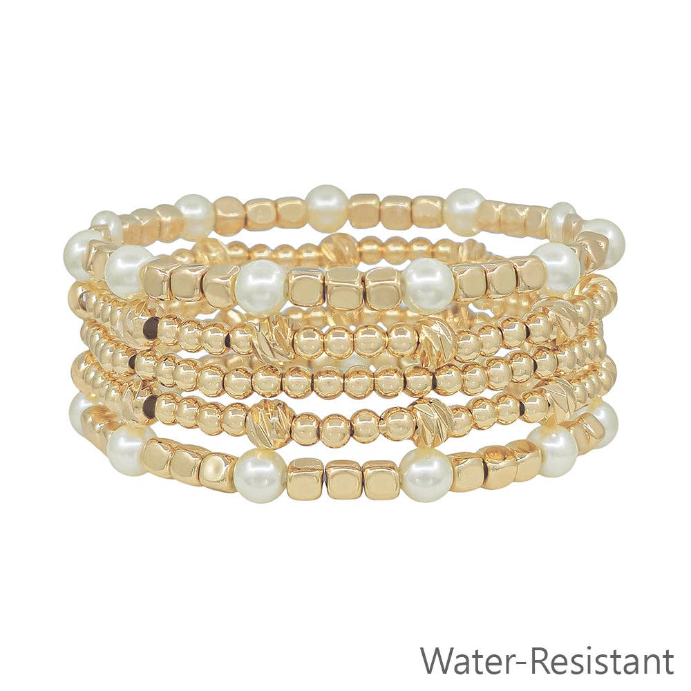 Water Resistant Set of 5 Pearl and Square Beaded Stretch Bracelets