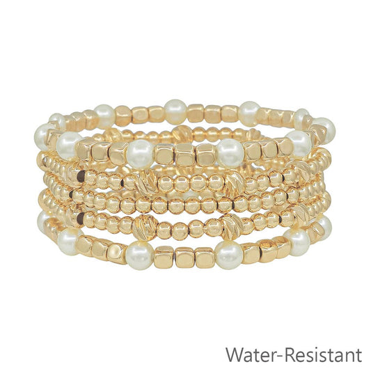 Water Resistant Set of 5 Pearl and Square Beaded Stretch Bracelets