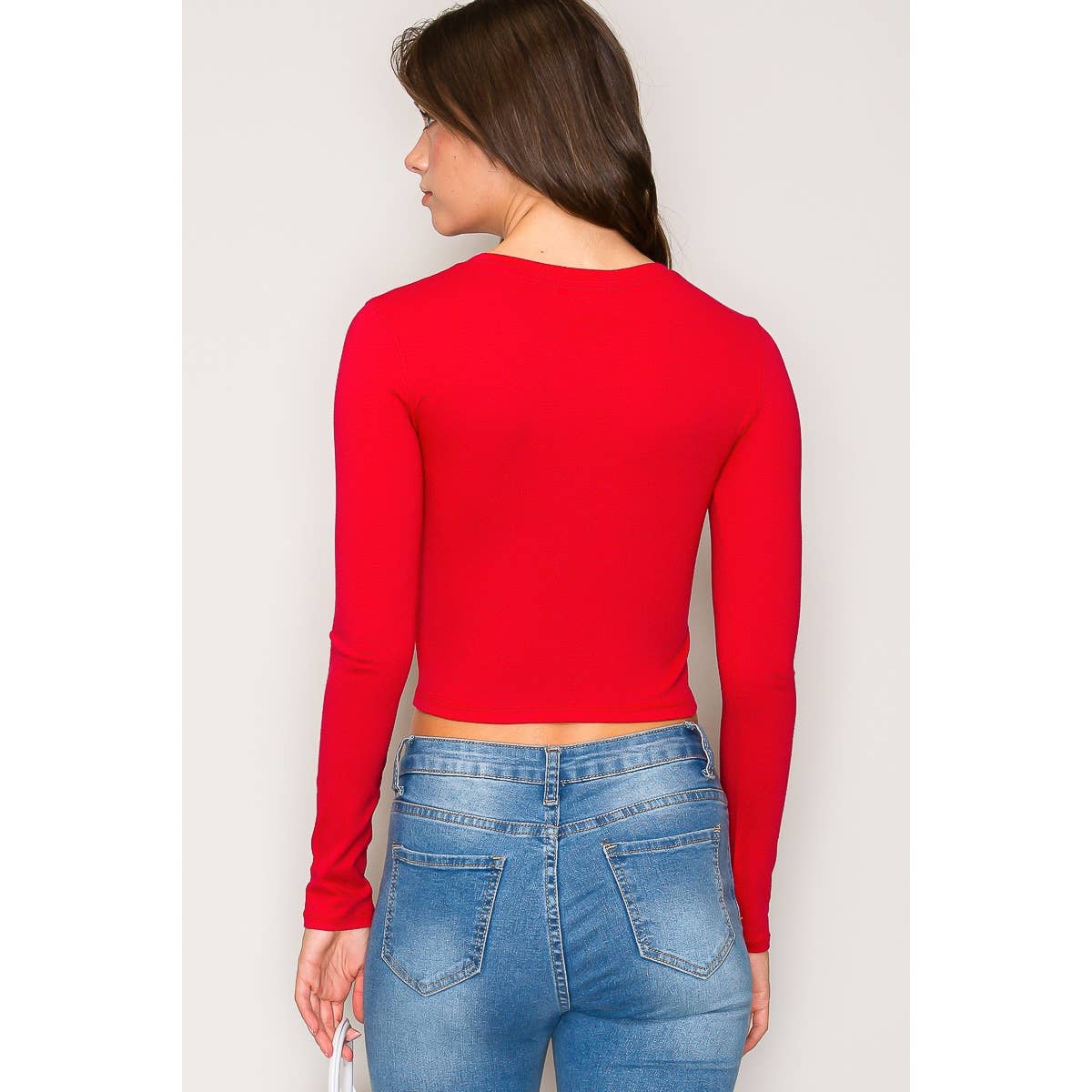 Crew Neck Long Sleeve Cotton Cropped Knit Top: Chili Oil / S-M-L(2-2-2)