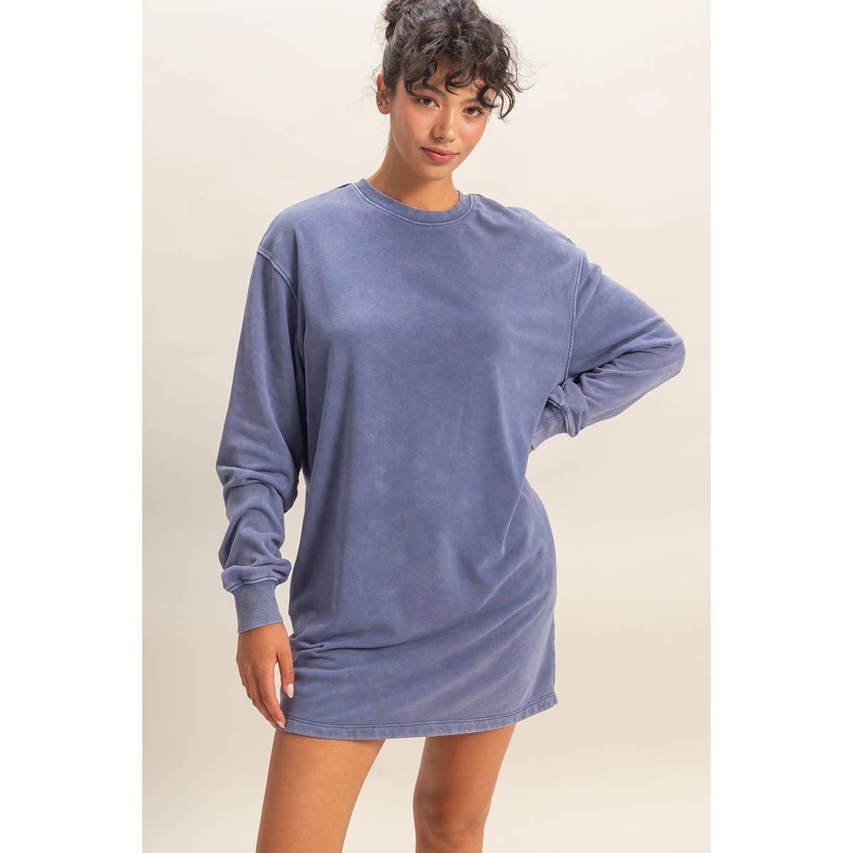 Mineral Washed Oversized Mini Sweatshirt Dress: CHESTNUT / S-M-L(2-2-2)