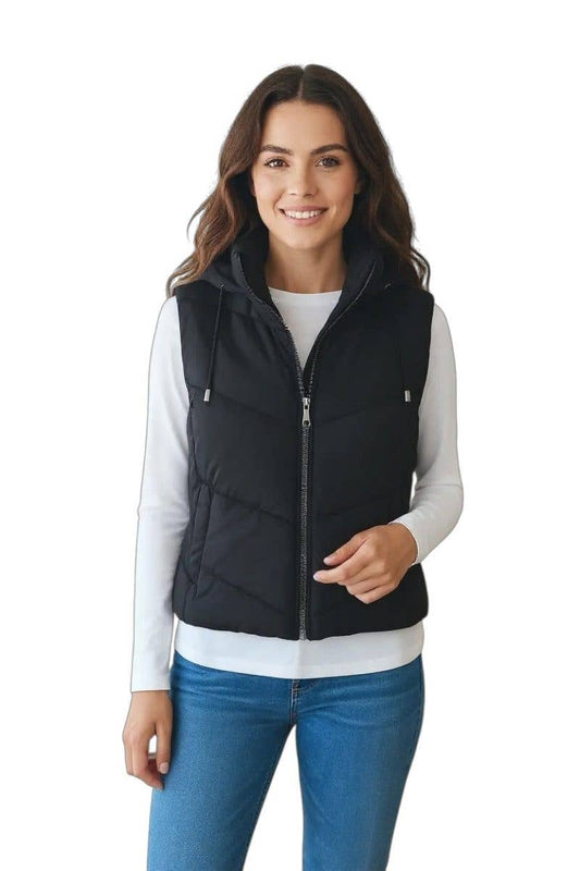 Woven Puffer Vest with Hood: BLACK / 1-2-2-1(S-M-L-XL)