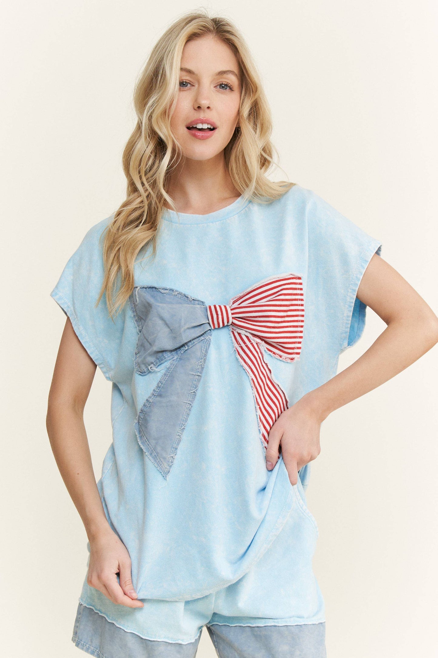 MineralWashed Americana Bow Sleeveless Blouse top HT5647P2.: Cyan