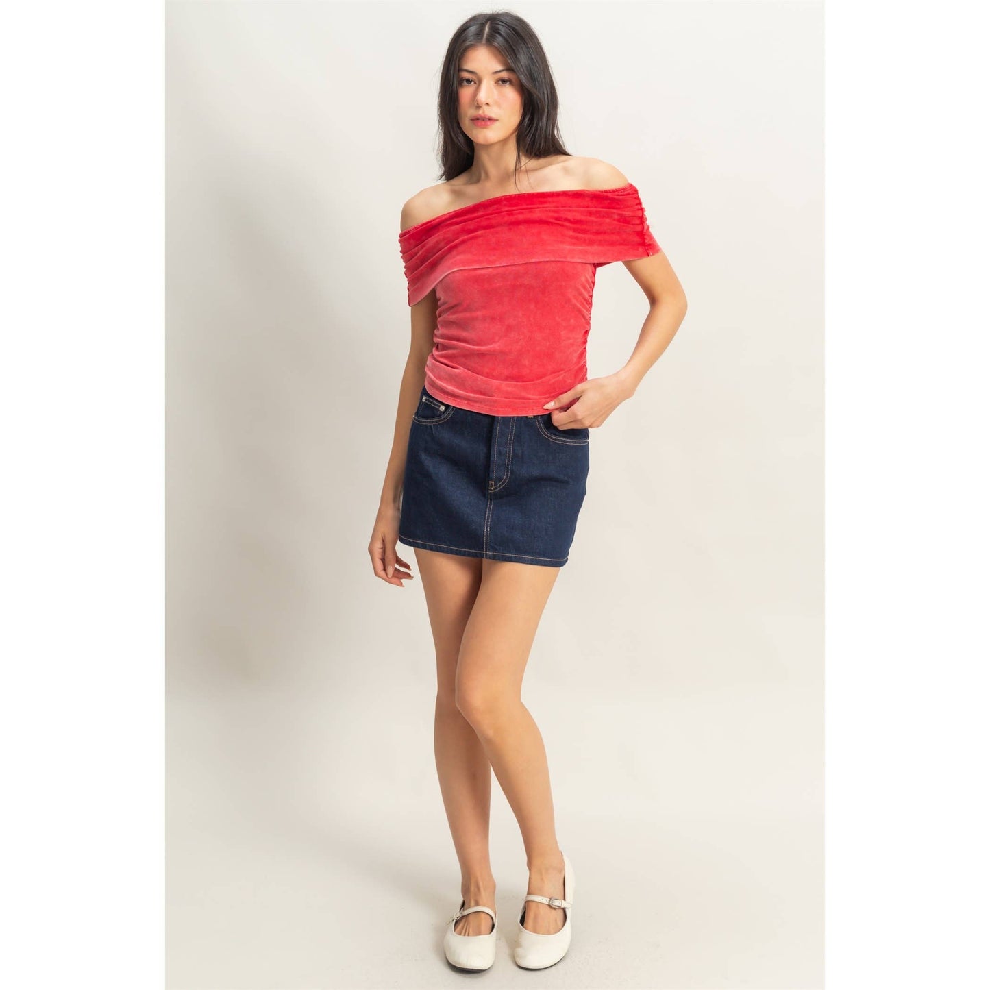 Off-The-Shoulder Side Ruched Top: RED / S-M-L(2-2-2)
