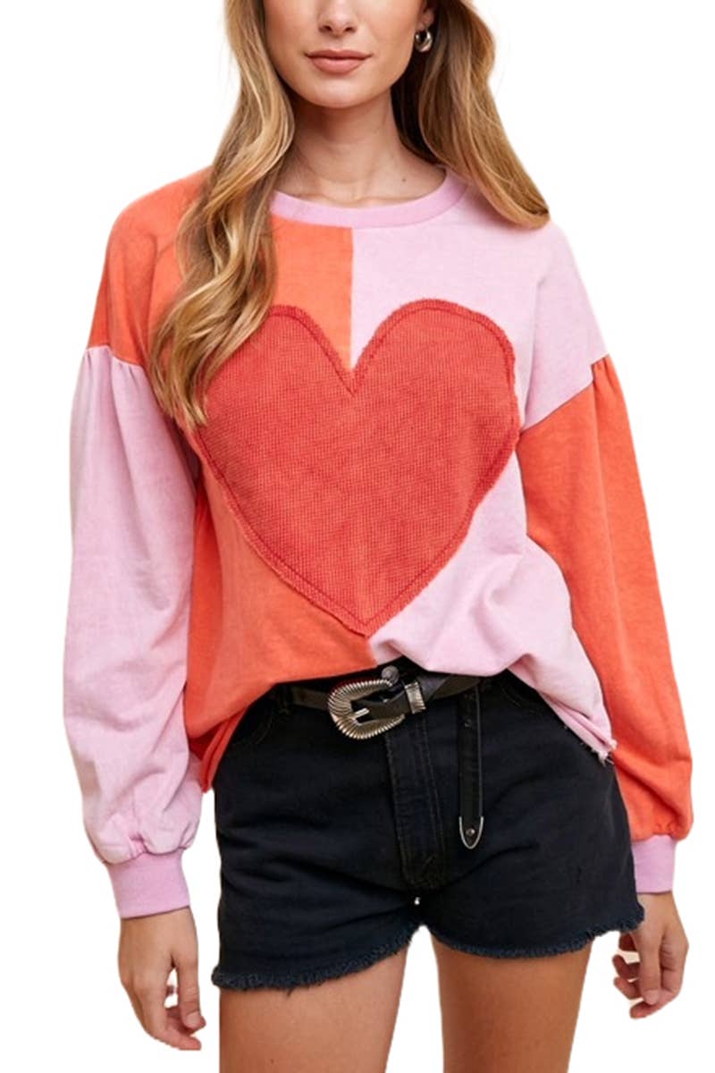 Heart Patch Mineral Wash Color Block Pullover: MINERAL RED/PINK / 2-2-2-2 (S-M-L-XL)