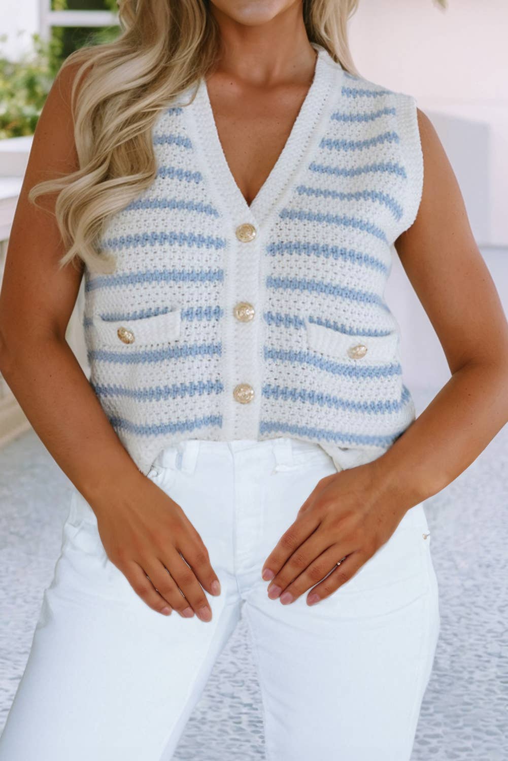 LDC Stripe V Neck Gold Button Sweater Vest: Sky Blue / S