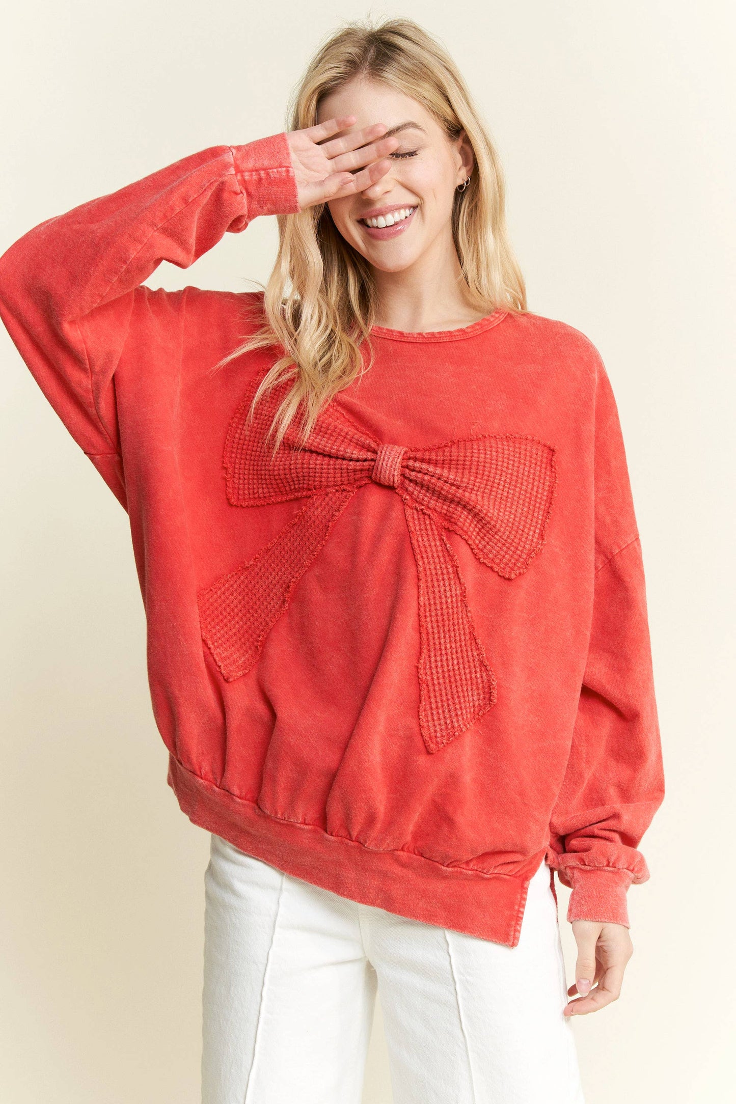 I'm a gift for you Waffle Ribbon bow terry top HT6129: Denim Blue / S-M-L / 2-2-2