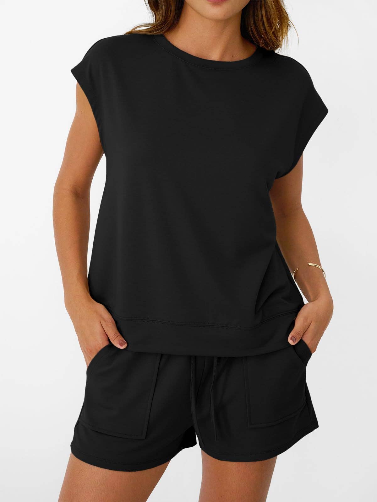 Womens Black Lounge Set Cap Sleeve Top and Shorts: Rose Red / 65%Polyester+30%Viscose+5%Elastane / M
