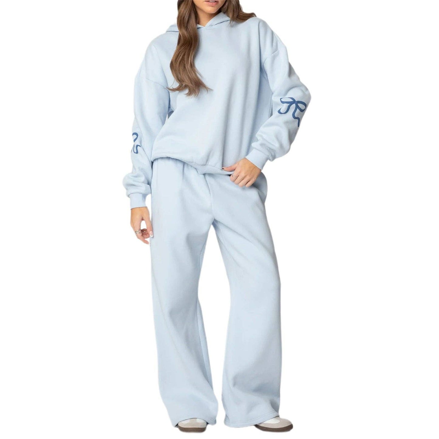Trendy Casual Long Sleeve Loose Hoodie & Wide Leg Pants Set: Gray / M