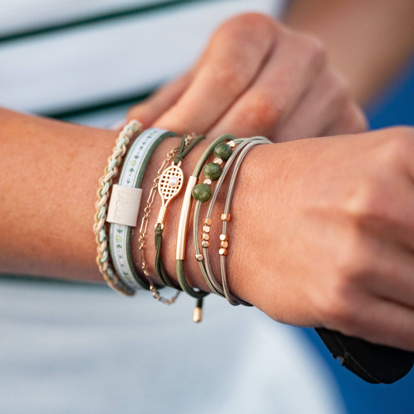 "Ace" Green and Gold Tennis Racket Charm Hair Tie Bracelets: Small