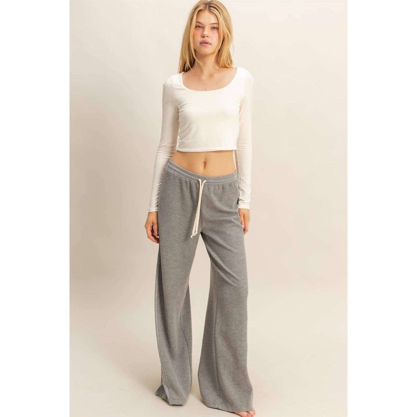 Waffled Knit Pants With Contrasting Ties: H.GRAY / S-M-L(2-2-2)