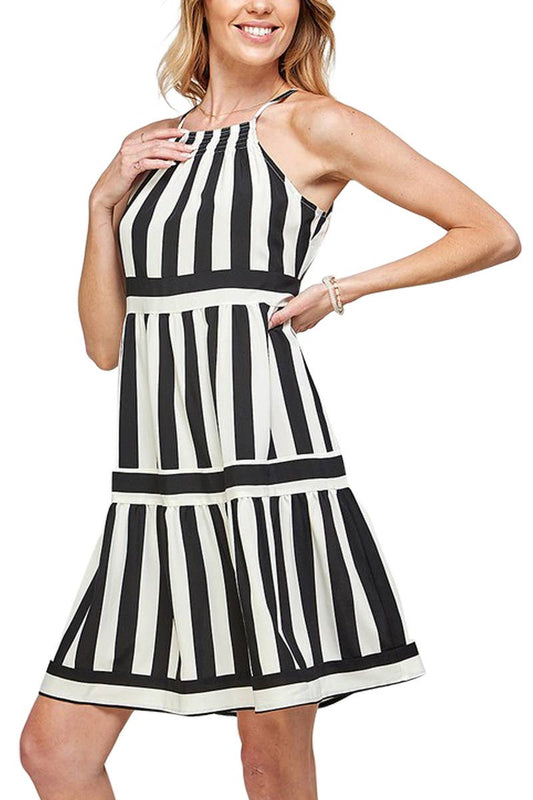 Stripe Print Spaghetti Strap Short Dress: BLACK / 2-2-2 (S-M-L)