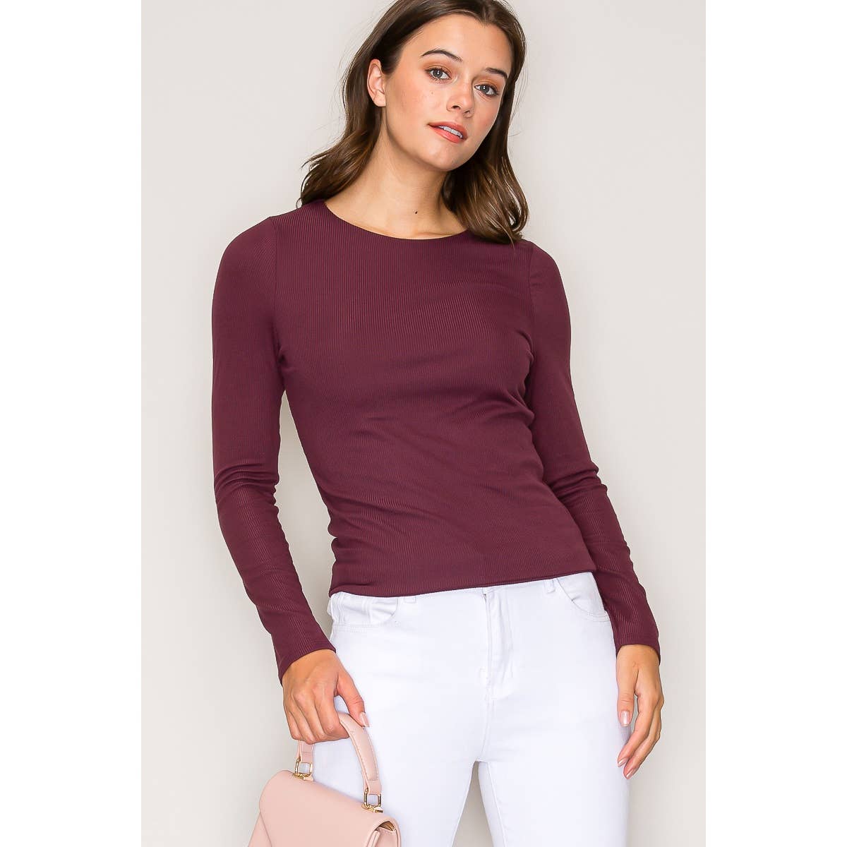 Double Layer Crew Neck Long Sleeve Rib Knit Top: Wine / S-M-L(2-2-2)