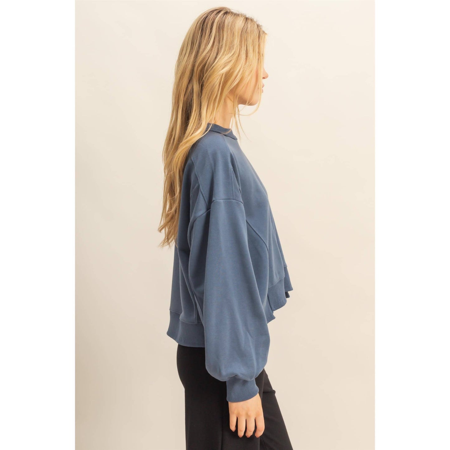 Layered Hem Sweatshirt With Raw Edges: MOSS GREEN / S-M-L(2-2-2)