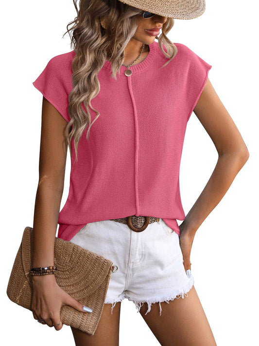 Crewneck Top, Knitted Chunky Needle Casual Sweater: Hot Pink / Acrylic 70% + 30% Nylon / L