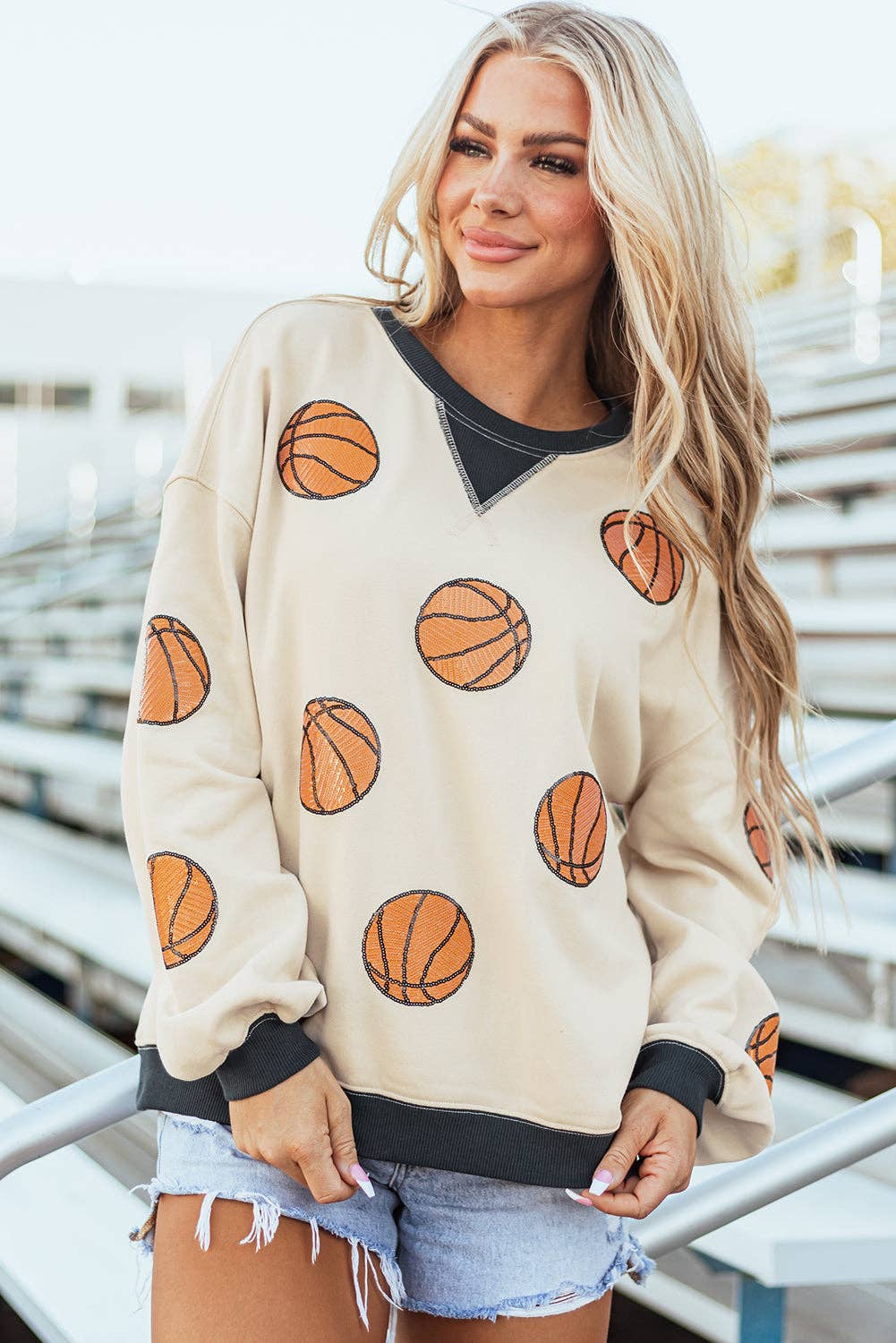 White Sequin Basketball Graphic Colorblock Edge Sweatshirt: White / 50%Polyester+50%Cotton / 2XL