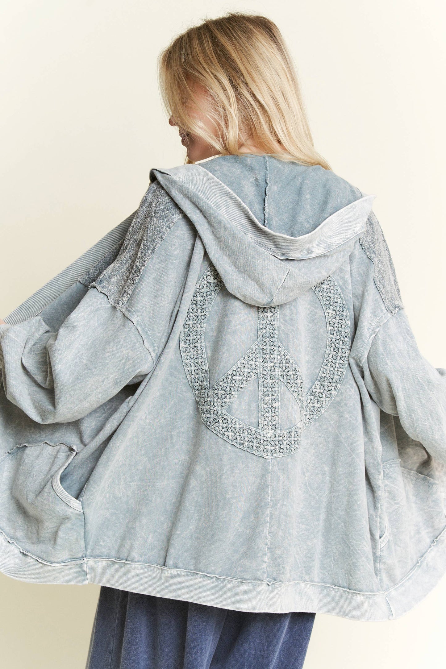 Mineral Wash Open Terry Cardigan with peace sign HT6086: Latte / S-M-L / 2-2-2